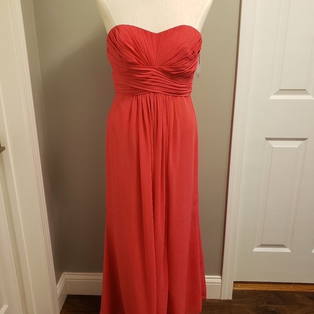 Bridesmaid long strapless coral dress